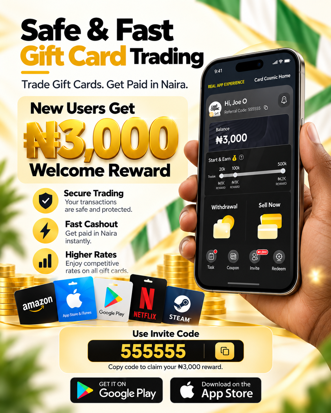 Card Cosmic: safe and fast gift card trading, a ₦3,000 welcome reward for new users, invitation code 555555, and app download options.