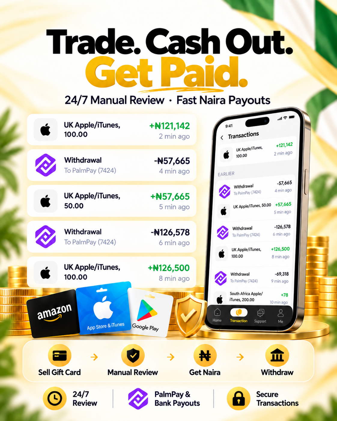 Card Cosmic trading and payout flow: sell a gift card, complete manual review, get Naira, and withdraw.