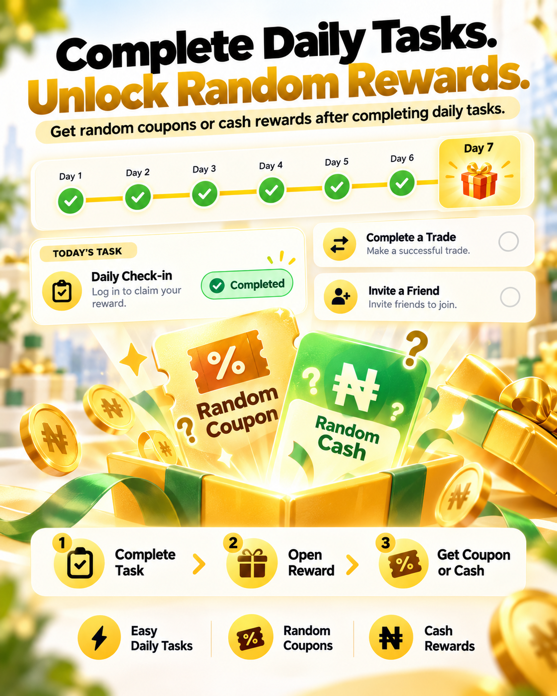 Card Cosmic daily tasks and random coupon or cash rewards.