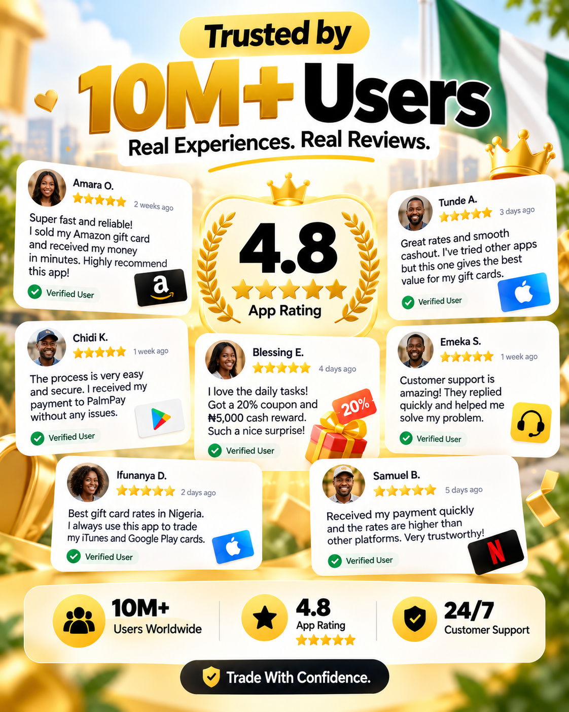 Card Cosmic user reviews, 4.8 app rating, and 24-hour customer support.